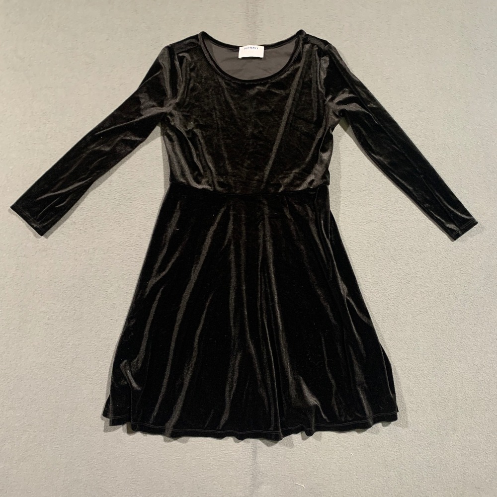 Old Navy Girls XL 14-16 Black Velvet Long Sleeve Fit & Flare Skater‎ Dress Goth